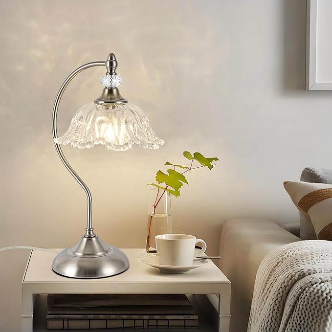 Brushed Nickel Table Lamp with a Floral Clear Glass Shade, A Plug-in Nightstand Lamp in Brushed Nickel Finish for Bedroom, Living Room,Office, and Desk