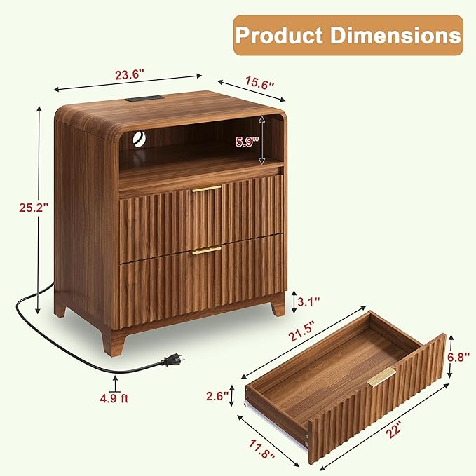 3 Pcs Bedroom Furniture Set, 8 Drawer Fluted Dresser and Nightstand Set of 2 with Charging Station, Modern Bed Side Table Chest of Drawers Storage Cabinet Set for Bedroom, Living Room, Walnut