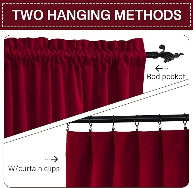 StangH Theater Red Velvet Curtains 120 inches Long, Luxury Christmas Home Decor Room Darkening Thermal Insulated Window Curtains for Living Room Bedroom, Rod Pocket Backdrops, W52 x L120, 2 Panels