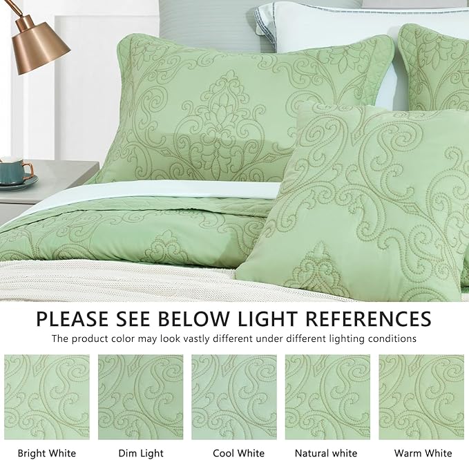 CHIXIN Bedspread Coverlet Set Queen Size - Lightweight Bedding Cover - Beautiful Stitching - 5 Piece Reversible Bedspread - Luxury Damask Paisley Pattern (Queen, Peak Green)