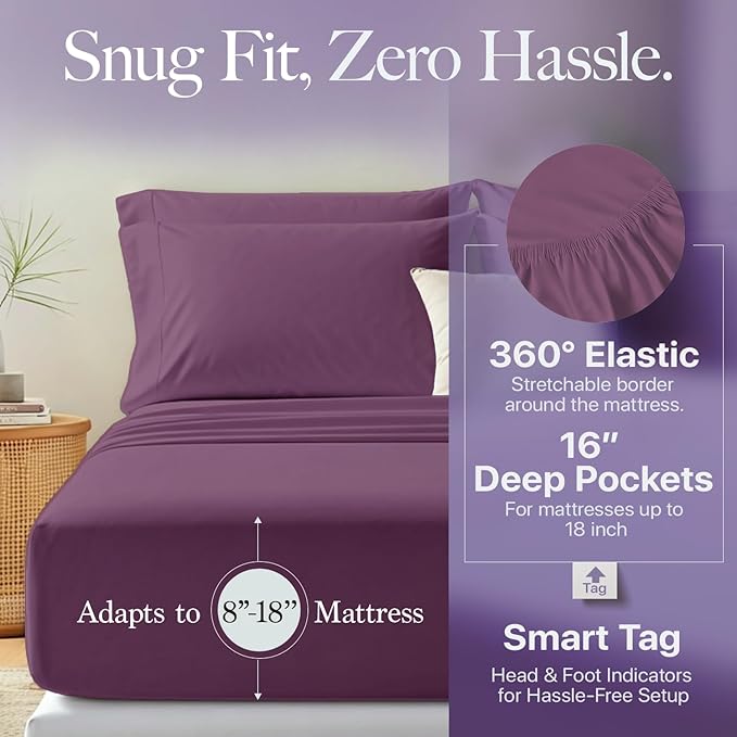 Carressa Linen 100% Egyptian Cotton King Size Sheets Set - 600 Thread Count Egyptian Cotton Queen Sheets King Size (4 PC, Plum Purple), Soft, Cooling, 16" Deep Pocket Sateen Weave Luxury Bed Sheet Set