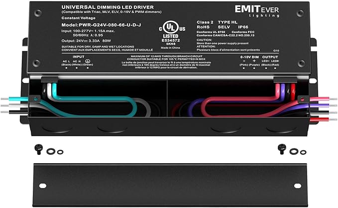 EMITEVER Dimmable Led Driver, 80W AC 110V-277V to DC 24V Transformer, 5-in-1 Dimming: ELV/MLV/TRIAC / 0-10V / 1-10V / 10V PWM/Potentiometer,Class 2,Waterproof IP67 and UL Listed，Class 2