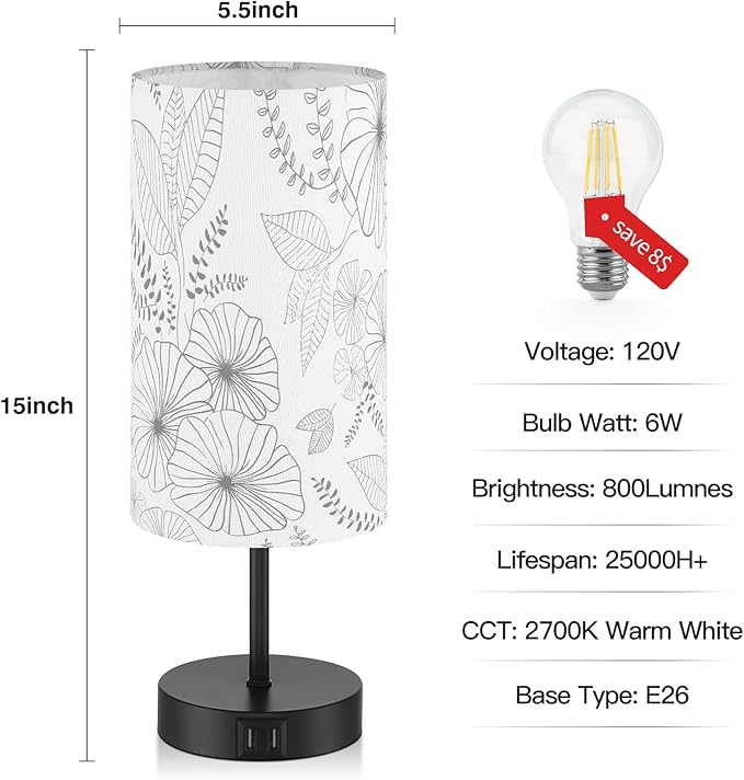 Bedside Touch Lamp with 2 USB Ports, Modern 3 Way Dimmable Small Lamp with Flower Fabric Shade, Nightstand Lamp for Living Room Bedroom Office End Table Dorm Room Kids Reading(E26 LED Bulb Included)