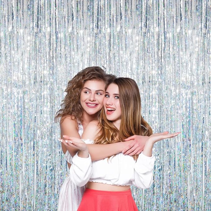 GOER 3.2 ft x 8.2 ft Metallic Tinsel Foil Fringe Curtains Party Photo Backdrop Party Streamers for Birthday,Graduation,New Year Eve Decorations Wedding Decor (1 Pack, Shiny Silver)