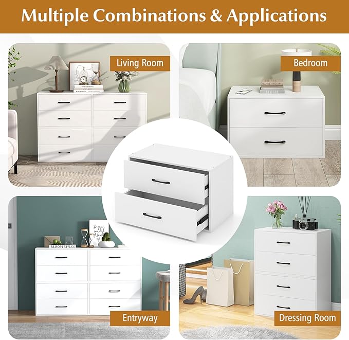Giantex Stackable 2-Drawer Dressers for Bedroom - Short Dresser Two Drawer Storage Cabinet w/Handles & Anti-Topping Device, Small Dresser Chest of 2 Drawers for Closet Bedroom (2, White)