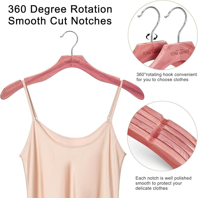 TOPIA HANGER Red Cedar Coat Hangers 12 Pack, Premium Wood Suit Sweater No Shoulder Bump Hangers, 360° Swivel Hook and Cut Notches Clothes Hangers for Sweater, Coat, Shirts, Jackets, Dress, CT84C