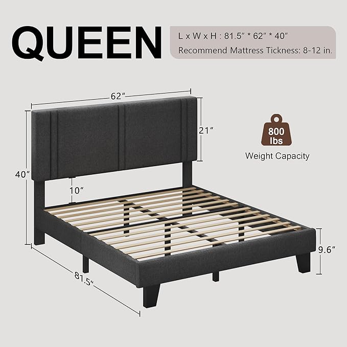 Upholstered Queen Size Bed Frame with Linen Fabric Headboard, Strong Wooden Slats Support, Noise Free, No Box Spring Needed, Dark Grey
