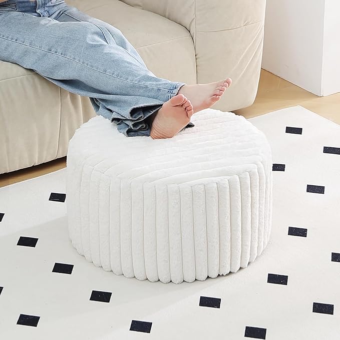 Tiita Round Stuffed Pouf Ottoman, Stripe Faux Fur Poufs with Foam Chunk Filling, Furry and Fluffy Pouf 21×21×12 inch Foot Stool Storage Ottoman,Puff Office Foot Rest for Couch Living Room, Beige