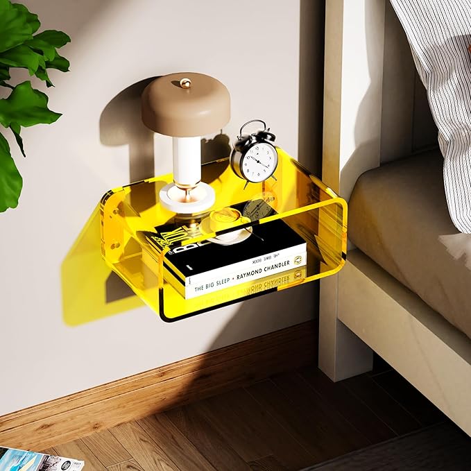 Acrylic Floating Nightstand, Bedside Table, Nightstand Shelf Wall Mounted Bedside Shelf (Yellow, Small)