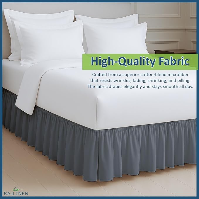 Rajlinen Ruffled Bed Skirt Queen, 21 Inch Drop Dust Ruffle with Split Corners, 100% Microfiber Bedskirt with Platform, Three-Sided Coverage Ruffled Gathering Design, Dark Grey