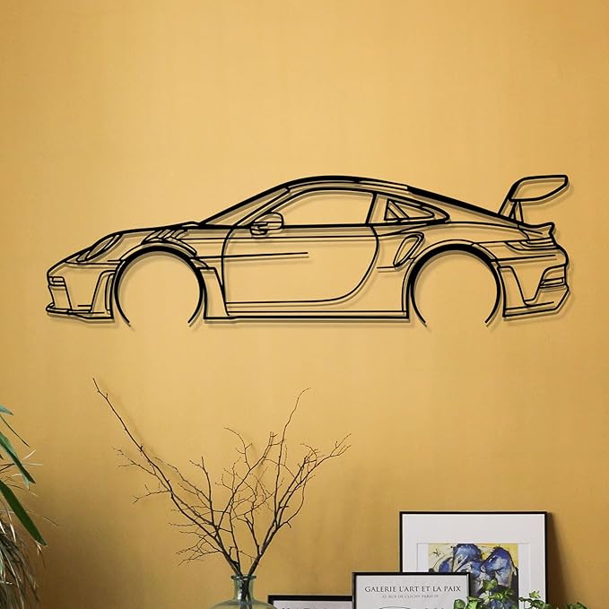 Dekory Car Wall Art – 911 GT3 RS (992) Black Metal Sports Car Silhouette, Modern Industrial Automotive Wall Decor for Garage, Living Room or Bedroom – 16 Inch (XS)