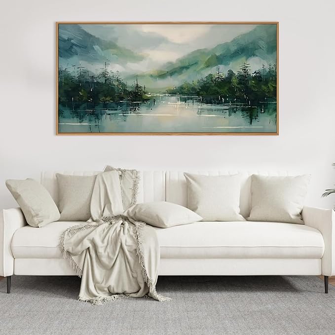 LHIUEM Large Foggy Forest Mountain Framed Canves Wall Art Set,Nature Green Watercolor Artwork,Abstract Modern Landscape Pine Tree Painting for Living Room,Bedroom,Office- 20''x40''x1