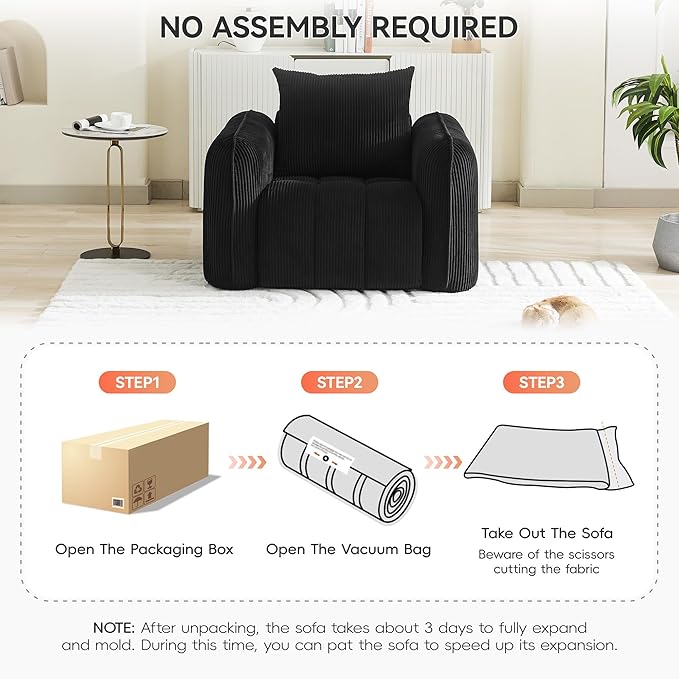 Oversized Boneless Accent Chair, Comfy Deep Seat Armchair for Bedroom, Modern Upholstered Living Room Sofa Chair with Pillow, No Assembly, Corduroy Black