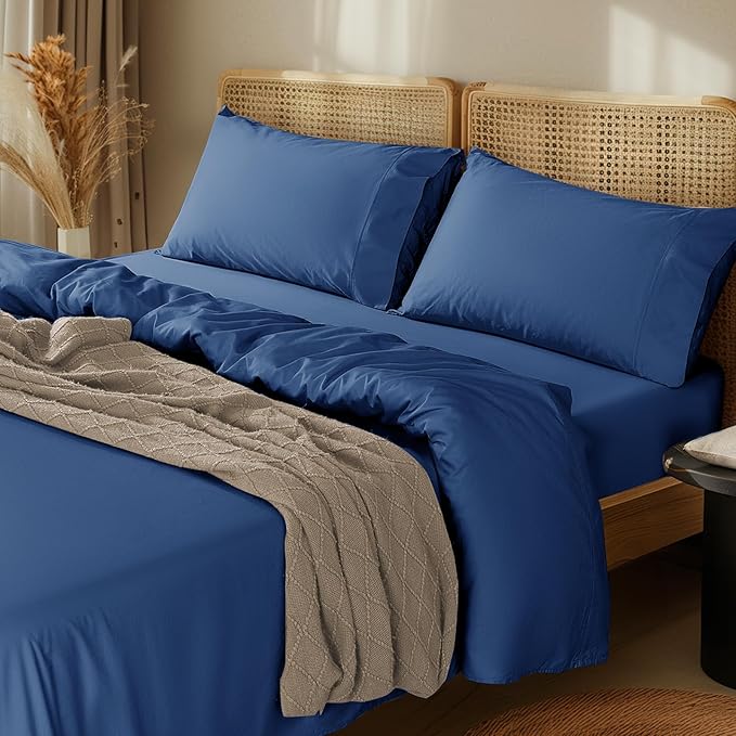 LBRO2M 100% Cotton Sheets Set Deep Pocket 24", 1000 Thread Count California King Size 4 Piece Bed Sheet Sets Soft Comfortable Bedding All Season (California King, Navy Blue)