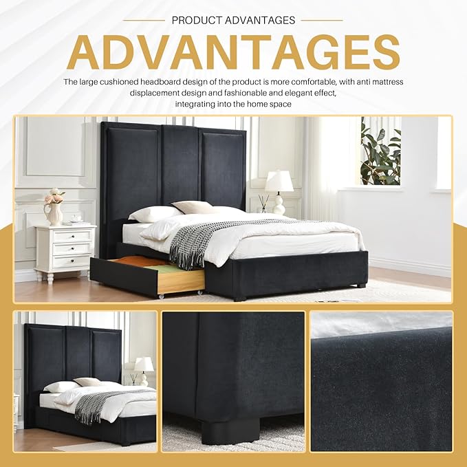 YUHUASHI Queen Size Bed Frame with 64-inch High Headboard, Simple and Airy Linen Upholstered Platform Bed with Storage Drawers, Wood Slat, No Noise (Ink Blue, Queen)