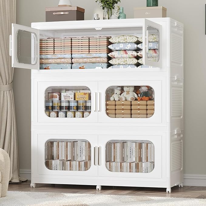 150GAL Extra Large Storage Bins with Lid, 600QT Storage Bins with Wheels, Folding Closet Organizer, Stackable Collapsible Plastic Storage Containers for Home, Office, Kitchen, 3Pack White