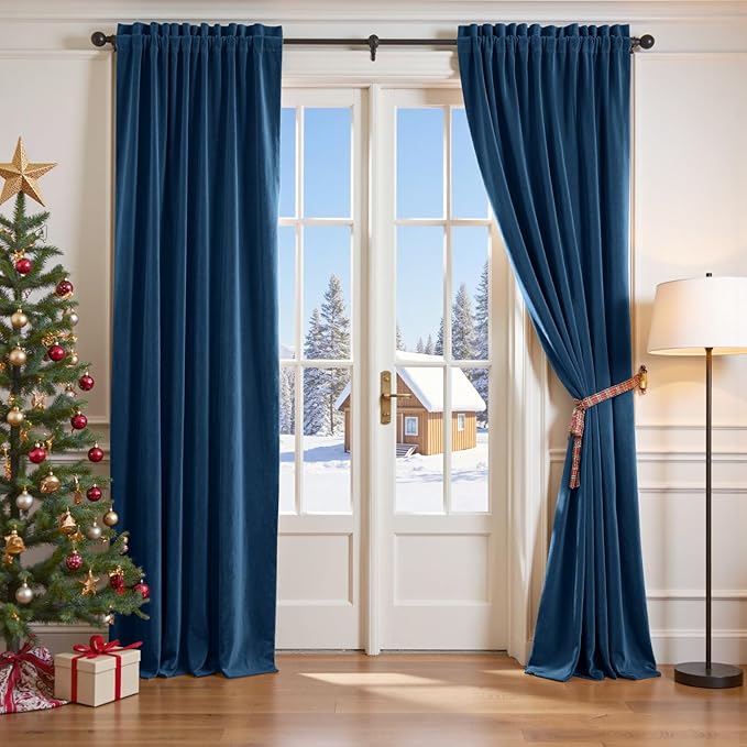 Lazzzy Velvet Blackout Curtains Thermal Insulated Room Window Drapes Super Soft Luxury Curtains for Living Room Bedroom Rod Pocket 2 Panels, Dark Blue, 52" W x 108" L