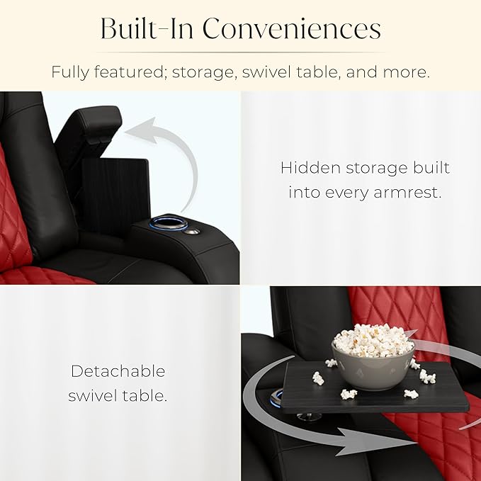 Seatcraft Diamante Zero-Gravity CoolZero Italian Leather Home Theater Seating, Power Headrest, Power Recline, Row of 5, Black/Red