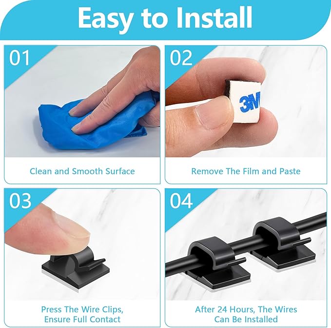 Abnii 100PCS Adhesive Cable Clips, Wire Holder Organizer Cord Management, Cable Staples Outdoor Strong Cord Clips for Wall, Desk, Christmas Lights, String Lights, TV PC Ethernet Cable, Black Small