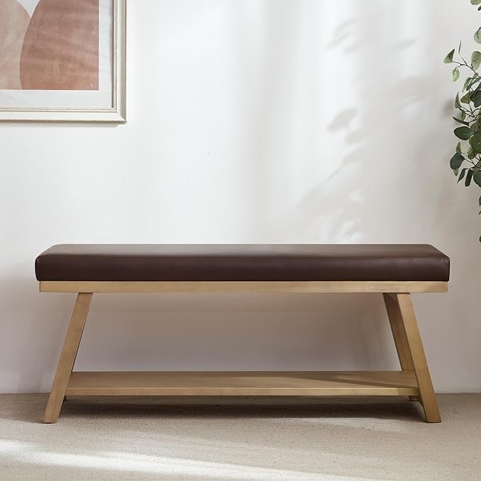 45" Entryway Bench Upholstered Storage Bench for Bedroom Shoe Rack Bench for Living Room, Hallway, Mudroom, Balcony, Sturdy Indoor Bench Seat Holds Up to 300 lbs (PU-Brown)