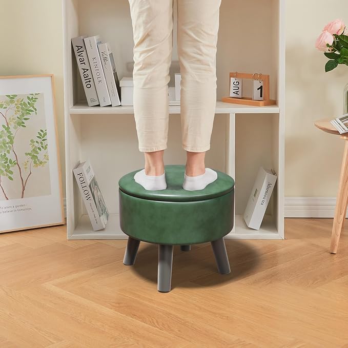 FIMIVIBI Small Foot Stool Ottoman with Storage, Faux Leather Ottoman Foot Rest for Couch, Round Footstool Ottomans for Living Room (Green)