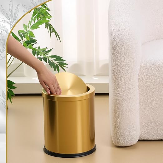 Maxdot 2 Pcs Gold Bathroom Trash Can with Flipping Lid 4 Gallon/15 L and Toilet Brush Set, Large Brushed Stainless Steel Garbage Trash Can Toilet Cleaner Brush Bin for Bathroom Bedroom Office