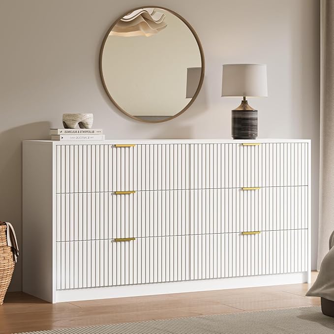 White 6 Drawer Dresser for Bedroom, 55" Wide Modern Chest of Drawers with Gold Metal Handles, Fluted Wood TV Stand for Living Room, Hallway