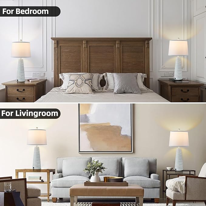 Terpsichore Nightstand Lamp Desk Lamp Vintage Bedside Lamps Set of 2 Rustic Farmhouse Table Lamps 3 Way Dimmable Light,Suitable for Living Room Bedroom,with Linen Shade LED Bulb,USB A+C Port
