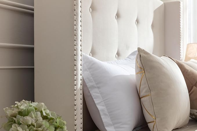 King Size Upholstered Bed Frame, 54" Tall Headboard Platform Bedframes with Nail Head Decorative Wingback, Hand Buttoned Tufting Headboard Beds/No Box Spring Needed/Minimalism, Ivory Velvet