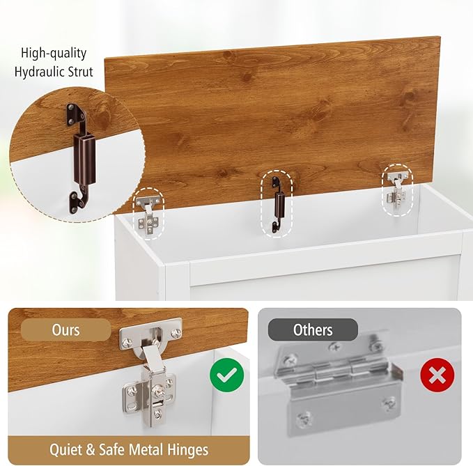 LOKO 35.5” Storage Chest, Lift Top Storage Box with Metal Hinges, Wooden Storage Bench with Safety Hydraulic Strut, Large Farmhouse Storage Trunk for Living Room, Bedroom, Entryway (White & Walnut)