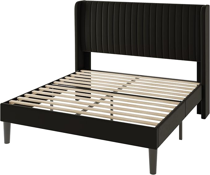 Allewie Full Size Velvet Bed Frame/Vertical Channel Tufted Wingback Headboard/Upholstered Platform Bed/Strong Wooden Slats/No Box Spring Needed/Easy Assembly/Black