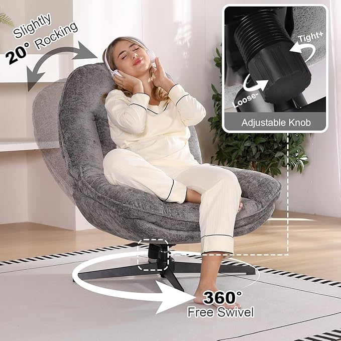 1 Pack 360°Free Swivel Accent Chair for Living Room, Slightly 20°Rocking, 24" High Backrest Upholstered Armchair, Ergonomic Design, Chenille Breathable Soft Fabric Modern Single Sofa, Gray