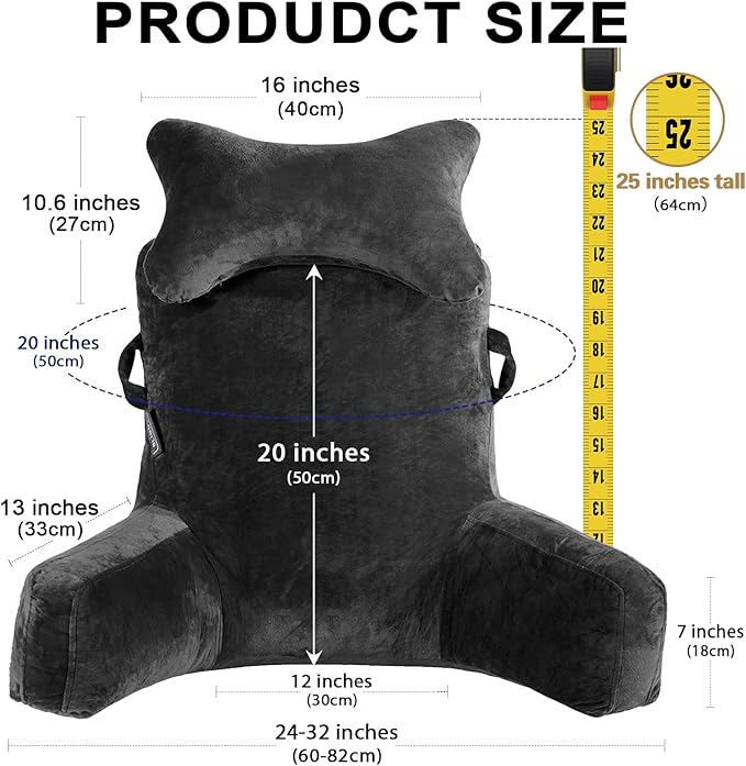 SLIGUY Reading Pillow-Bed Rest Pillow with Detachable Neck Roll & Higher Support Arm for Sitting in Bed Couch or Floor-Backrest Reading Pillow Adult Back Pillow for Reading/Watching TV/Gaming,Black