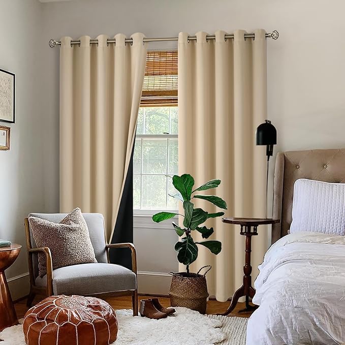 BGment Thermal Insulated 100% Blackout Curtains for Bedroom with Black Liner, Double Layer Full Room Darkening Noise Reducing Grommet Curtain (60 x 84 Inch, Beige, 2 Panels)