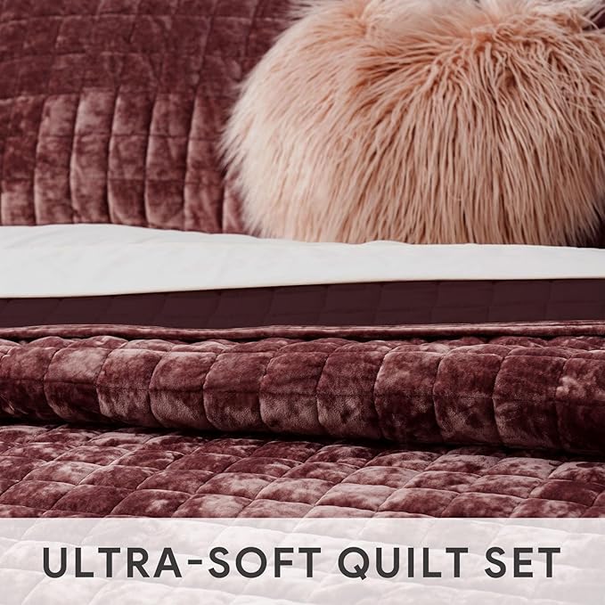 RECYCO Luxury Velvet Quilt Set Full Queen Size Bedding Sets, Ultra Soft Velvet Comforter Set, Lightweight Channel Box Stitch Oversized Bedspread Coverlet for All Season, with 2 Shams, Plum
