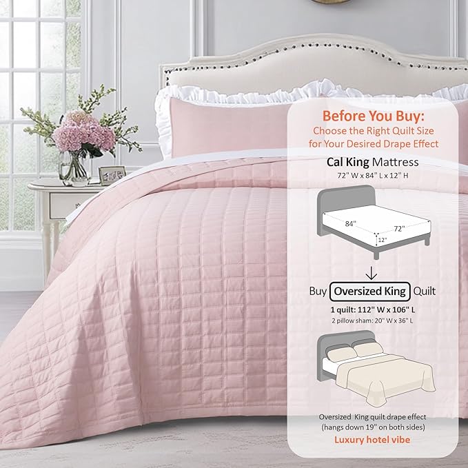 Oversized King Quilt Set 112"x106" – Soft Washed 3-Layer Lightweight California King Bedspread, Minimalist Nordic Design, All-Season Spring & Summer Quilt Set (1 Quilt + 2 Pillow Shams), Blush Pink