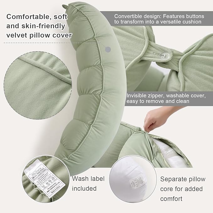 Peallow(Pat. Pend) – Long Round Body Pillow for Adults, Bolster Pillow for Sleeping, Soft and Supportive Pillow for Sleeping & Lumbar Support (Celadon Green, 29.5")