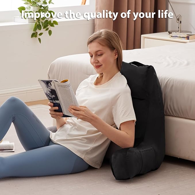 IPYNBAP Reading Pillow with Arms for Adult, Back Pillow for Bed Sitting Up, Shredded Memory Foam Backrest Pillow with Pockets & Removable Washable Cover, Lounging, Watching TV, Reading(24inch Black)