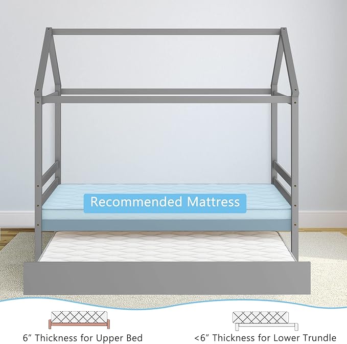 Giantex House Bed with Trundle, Solid Wood Twin Size Daybed for Girls & Boys, Kids Platform Bed Frame with Roof for Bedroom, No Box Spring Needed, Grey