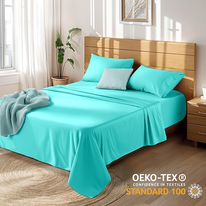 LBRO2M 100% Cotton Sheets Set Deep Pocket 19", 1000 Thread Count California King Size 4 Piece Bed Sheet Sets Soft Comfortable Bedding All Season (California King, Lake Green)