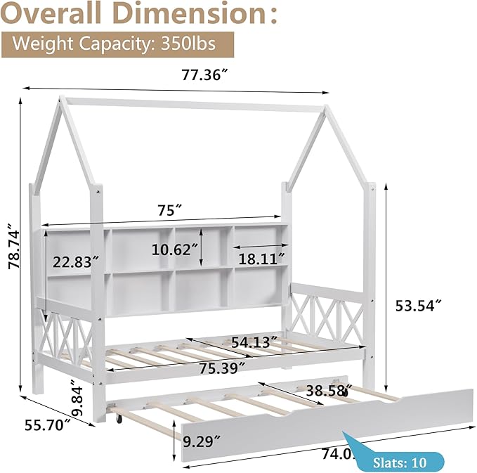 Full House Bed with Trundle Bed for Kids,Wooden Full Size Bed Frame with Roof Guardrails Wood Slats, Headboard for Boys Girls, No Box Spring Required, White