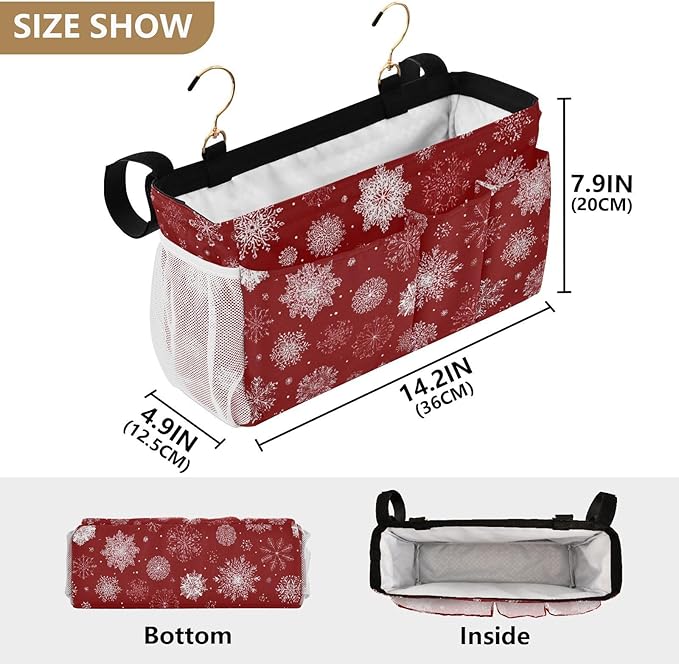 Bedside Caddy Hanging Bunk Bed Caddy Bed Organizer Hanging Pocket with 2 Hooks Bedside Storage Organizer Pocket Bag Holder Red Christmas Snowflakes