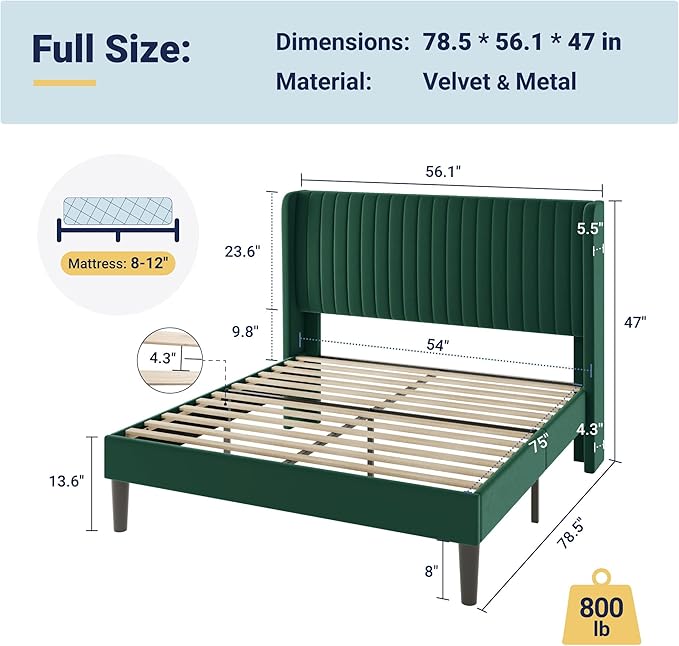 Allewie Full Size Bed Frame/Velvet Upholstered Platform Bed/Vertical Channel Tufted Wingback Headboard/Strong Wooden Slats/No Box Spring Needed/Easy Assembly/Green