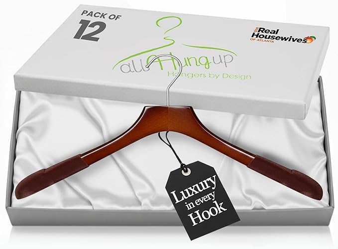 Premium Luxe Wooden Hangers for Women, Wide Shoulder Design for Dresses, Skirts, Sweaters & Blouses, Heavy Duty with Velvet Grip, High Gloss Brown with Brown Velvet, 12 pcs