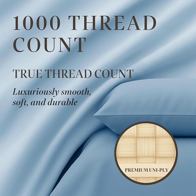 Hyde Lane Luxury 1000 Thread Count 100% Cotton Sheets | Very Soft & Thick - Fits Upto 20" Mattress | Sateen Weave Bed Sheets 18" Deep Pocket- 4 PC Sheet Set (Ashley Blue, California King)
