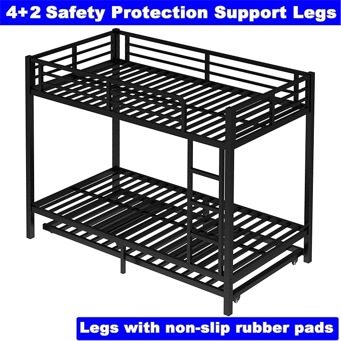 Upgraded Version Thicken Stronger Metal Heavy-Duty Twin XL Bunk Bed with Twin Size Trundle, Bunk Bed for Adults with Ladders, Easy Assemble (Twin XL Over Twin XL)