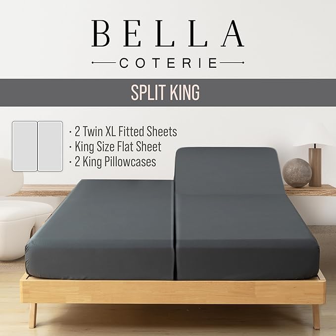 Bella Coterie Luxury Bamboo Viscose Split King Size Sheet Set | 2 Fitted Sheets for Sleep Number & Adjustable Beds | 100% Organically Grown | Cooling & Ultra Soft | 18” Deep Pocket [Charcoal Grey]