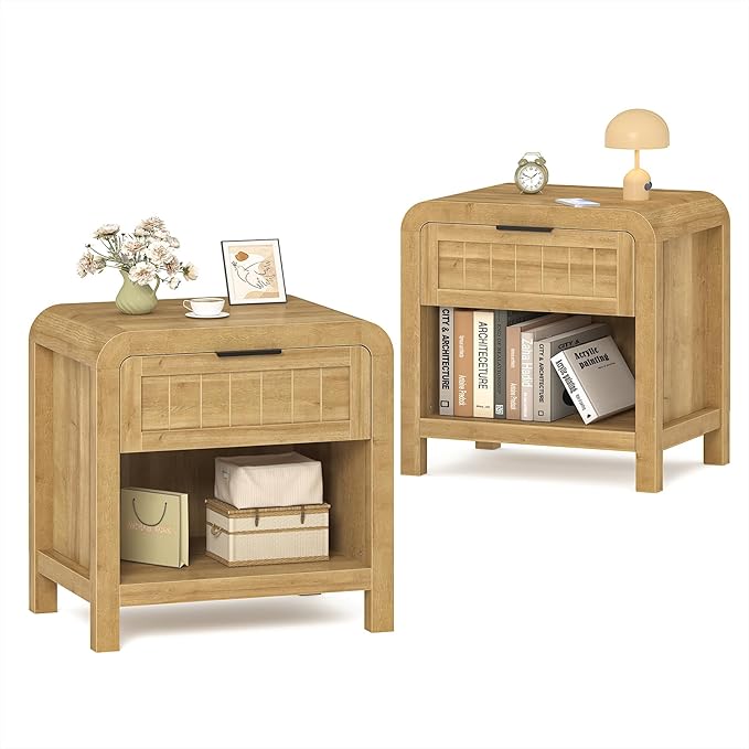 IKENO Wood Nightstand Set of 2 with Storage Drawer, 21" Wide NightStand with Curved Profile Design, Bedside End Table for Bedroom, Living Room, Closet (2, Natural Oak, 1 Drawer)