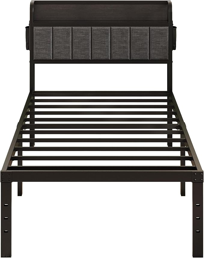 16 Inch Twin Bed Frames with Upholstered Storage Headboard, Heavy Duty Twin Platform Bed No Box Spring Needed, Noise Free, Easy Assembly, Gray