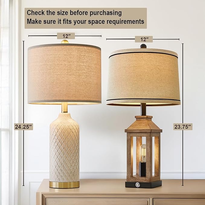24.25" Table Lamps Set of 2 Modern Ceramic Lamps for Living Room Bedside Lamps Gold for Night Stands Boho Bedroom Lamp Farmhouse Side End Table Lamps